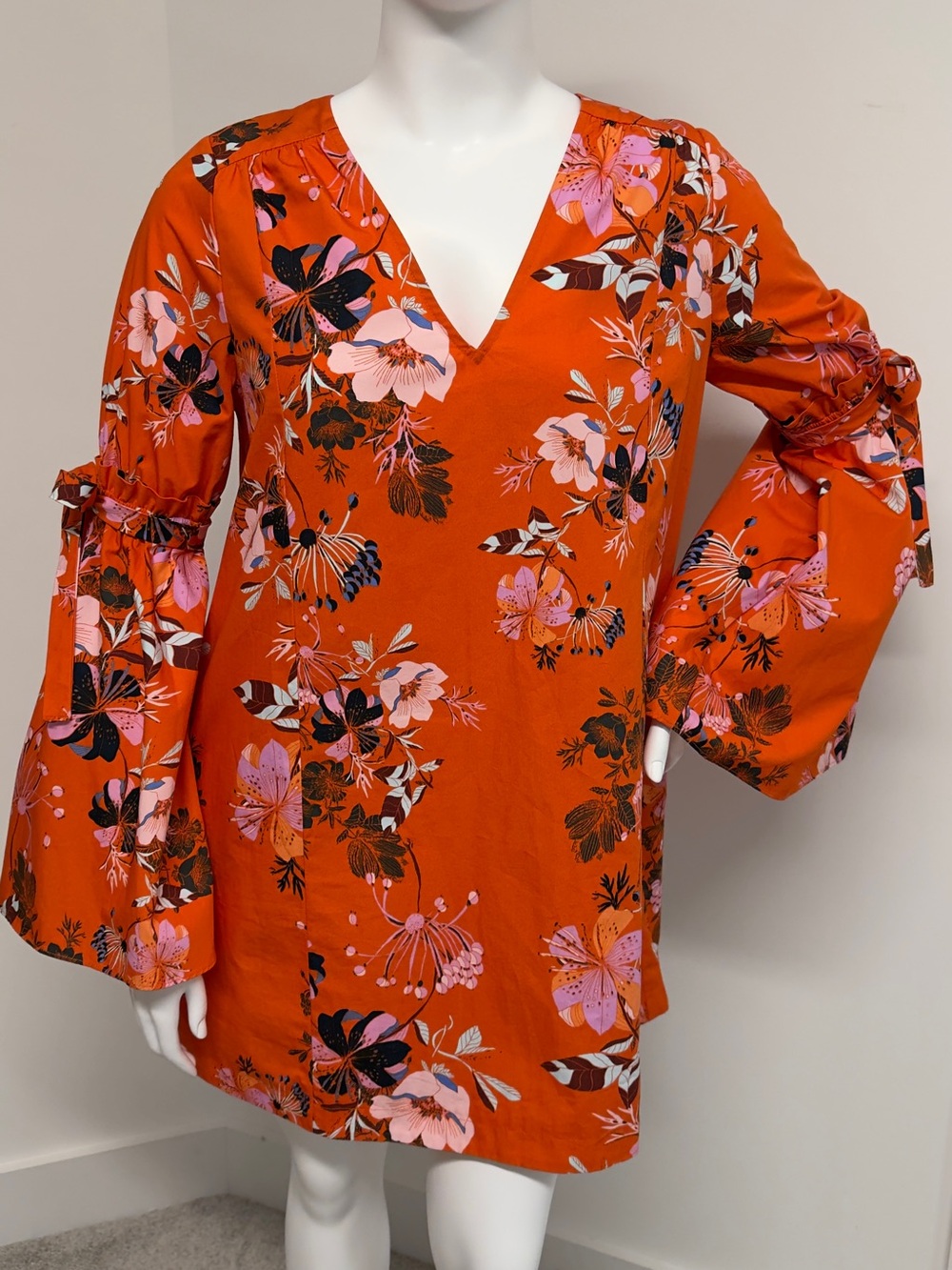 Free People Orange Floral Boho Mini Dress Large Bell Sleeve 100% Cotton